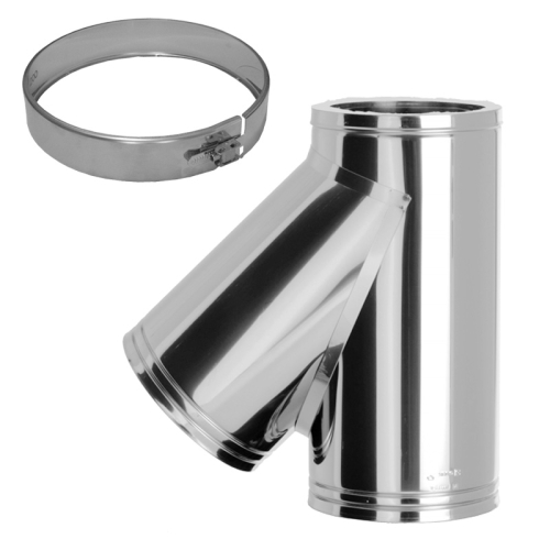 Das Bild zeigt das Produkt 030/DN250 DW T-Stück 45° für trockenen Betrieb Dinak, ein metallenes, glänzendes Abzweigrohr für Lüftungs- und Abgasanlagen. Das T-Stück ist in einem 45-Grad-Winkel geformt, um eine Richtungsänderung des durchfließenden Mediums zu ermöglichen. Neben dem Produkt sind technische Zeichnungen und Maßtabelle dargestellt, die die exakten Abmessungen und Größenverhältnisse für verschiedene Durchmesser des T-Stücks veranschaulichen.