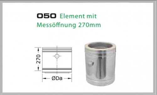 Das Bild zeigt das Produkt 050/DN150 DW6 Element mit Messöffnung 330/270 mm von Dinak. Es wird ein schematischer Entwurf und ein Foto des Elements präsentiert. Das Element ist ein Zubehörteil für Schornstein- oder Abgasleitungen, das eine Messöffnung von 270 mm Durchmesser besitzt. Es dient dazu, Zugang für Messungen oder Inspektionen innerhalb des Schornstein- oder Abgasystems zu ermöglichen.