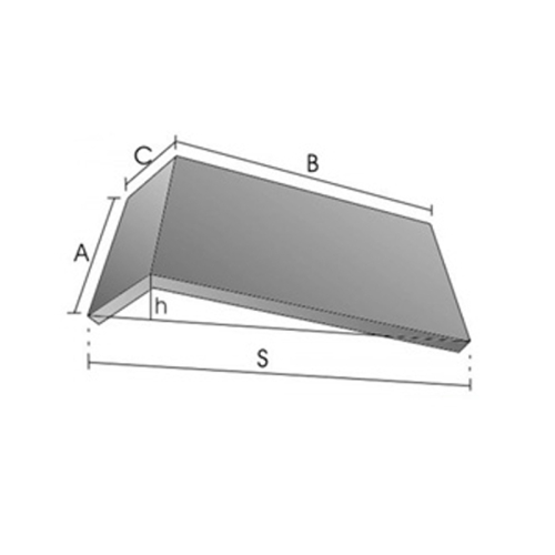 Das Bild zeigt eine schematische Darstellung einer Kaminglasscheibe, die 1-fach gewinkelt ist. Sie ist dazu gedacht, Klarheit über die Maße und den Winkel der Glasscheibe für Kamine zu geben. Auf dem Bild sind die Maße A, B, C, die Schenkellänge S, sowie die Höhe h gekennzeichnet, was beim Bestellen oder Anfertigen einer solchen Scheibe hilfreich ist.