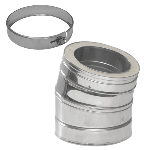 Das Bild zeigt einen 30° Winkelabzug der Produktlinie 042/DN150 DW von Dinak. Dargestellt ist ein metallisches Rohrsegment mit einer 30-Grad-Biegung zur Abänderung der Rohrführung. Die Abbildung enthält eine Tabelle mit Abmessungen für verschiedene Durchmesser des Rohrsegments, wobei die relevanten Abmessungen für den 042/DN150 DW Winkel markiert sind. Das Ziel des Bildes ist es, Kunden über die spezifischen Maße und das Aussehen des 30° Winkelstücks zu informieren.