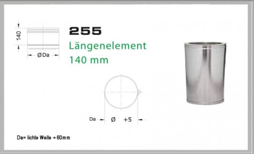 Das Bild zeigt das Produkt 255/DN130 DW6 Längenelement 200mm/140 mm Dinak. Es handelt sich um ein zylindrisches Bauteil für Abzugssysteme oder ähnliche Anwendungen. Auf der linken Seite des Bildes finden sich technische Zeichnungen, die die Abmessungen des Produkts veranschaulichen – im Detail sind dies die Länge und der Durchmesser. Rechts ist das Längenelement selbst abgebildet, ein Metallrohr mit entsprechenden Abmessungen. Unter der Zeichnung ist eine Formel zu sehen, die den Außendurchmesser definiert: Da= lichte Weite +60 mm. Ziel des Bildes ist es, die exakten Dimensionen des Längenelements für potenzielle Kunden oder Nutzer darzustellen.