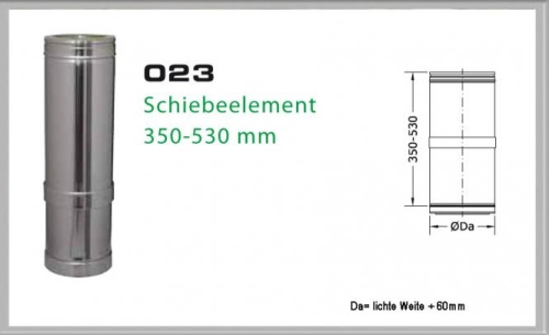 Das Bild zeigt das Produkt 023/DN180 DW6 Schiebeelement 350 mm - 530 mm Dinak, ein verstellbares Rauchrohr für Abgasanlagen. Auf der linken Seite ist das eigentliche Produkt, ein zylindrisches Metallrohr mit ausziehbaren Segmenten, zu sehen. Rechts befindet sich die technische Zeichnung mit den Maßen des Schiebeelements, die den variablen Einstellbereich von 350 mm bis 530 mm verdeutlicht.