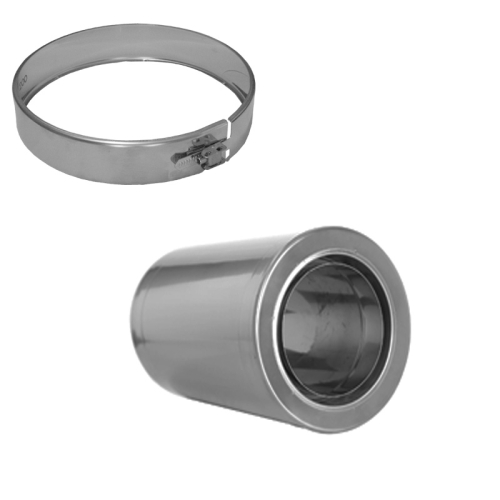 Das Bild zeigt das Produkt Dinak DW kürzbares Doppelwandfutter 250mm DN 130 mit Klemmband. Dabei handelt es sich um ein Ofenrohr- oder Schornsteinanschlussstück aus Metall mit doppelwandiger Konstruktion und einem verstellbaren Metallklemmband zur Befestigung. Das Bild dient zur visuellen Darstellung des Produkts für potenzielle Kunden, damit diese das Aussehen, die Beschaffenheit sowie die Bestandteile des Futterelements und des Klemmbands erkennen können.