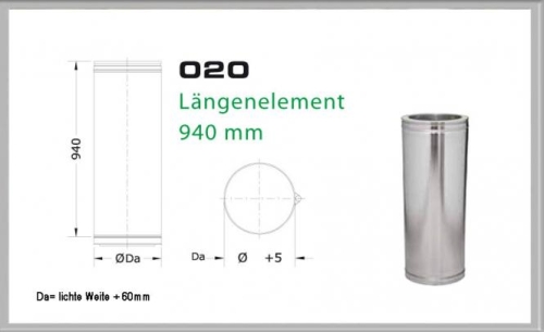 Das Bild zeigt eine technische Zeichnung und ein Foto des Produkts 020/DN180 DW Längenelement 1000mm/ 940 mm Dinak. Die technische Zeichnung illustriert die Abmessungen des Längenelements mit einer Länge von 940 mm. Das Foto präsentiert das entsprechende Edelstahlelement zur visuellen Darstellung des Produkts. Der Zweck des Bildes ist es, dem Betrachter sowohl die exakten Maße als auch das tatsächliche Aussehen des Längenelements zu vermitteln.