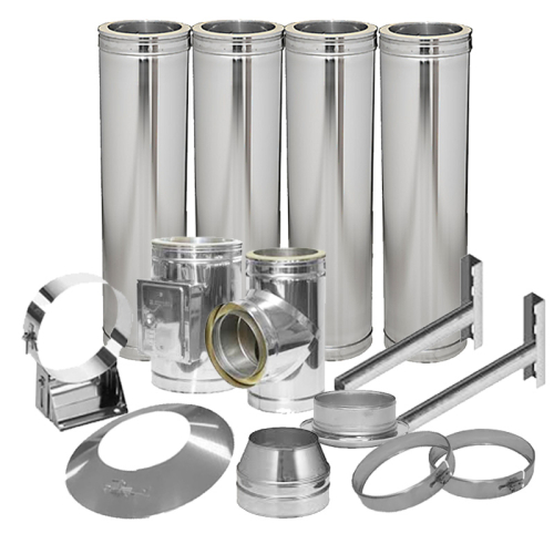 Das Bild zeigt ein Schornstein-Set aus Edelstahl mit der Bezeichnung DN 150mm, das für den doppelwandigen Einbau konzipiert ist und eine Gesamtlänge von etwa 6,6 Metern aufweist. Das Set beinhaltet verschiedene Komponenten, darunter mehrere glänzende Edelstahlrohre, T-Stücke mit Inspektionsöffnung, Wandhalterungen mit einem Abstand von 70-120mm, die verstellbar sind, sowie Rohrschellen und eine Wandblende. Alle Teile scheinen für die Montage eines kompletten Schornsteinsystems erforderlich zu sein, und das Bild dient dazu, die Vollständigkeit und Eigenschaften des Sets zu veranschaulichen. Hinweise auf eine 30mm Dämmung und die Bezeichnung als beispielhafte Abbildung sind im Bild enthalten, die darauf hinweisen, dass es sich um eine exemplarische Darstellung des Produktes handelt.