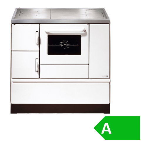 Das Bild zeigt den K 138 Wamsler Küchenherd, ein weißer Standherd mit Ofentür und Bedienelementen auf der Front, Kochflächen oben und einem Stauraum unten. Der Herd ist in einem modernen, schlichten Design gehalten, kombiniert mit einer Edelstahlabdeckung auf der Oberseite. Dieses Produktbild soll den Küchenherd in seinem Design und seiner Struktur präsentieren, um potenziellen Käufern einen visuellen Eindruck von dem Gerät zu bieten.