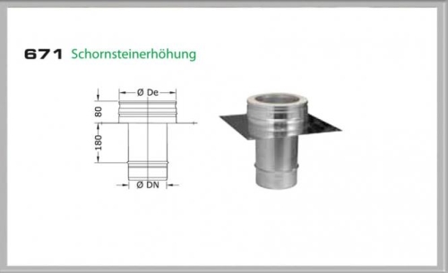 Das Bild zeigt eine Zeichnung und eine Fotografie eines Produkts mit der Bezeichnung 67S/DN200 DW Schornsteinerhöhung Dinak. Auf der linken Seite ist eine technische Zeichnung zu sehen, die die Abmessungen des Schornsteinverlängerungssegments darstellt. Rechts ist das dazugehörige Produkt als Foto abgebildet, wahrscheinlich um dem Betrachter eine reale Ansicht des Artikels zu geben. Das Bild soll dem Betrachter helfen, die genaue Form, die Dimensionen und das Aussehen des Schornsteinerhöhungsprodukts zu verstehen.