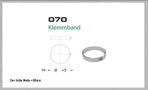 Das Bild zeigt ein Klemmband für Schornsteinsets mit einer Nennweite von 150 mm (angegeben durch Ø70 und Da= lichte Weite +60 mm). Zu sehen ist eine technische Zeichnung mit Maßangaben und eine fotorealistische Darstellung des Klemmbandes. Das Band dient dazu, einzelne Komponenten eines doppelwandigen Schornsteins fest miteinander zu verbinden, um die Stabilität des Schornsteins zu gewährleisten.