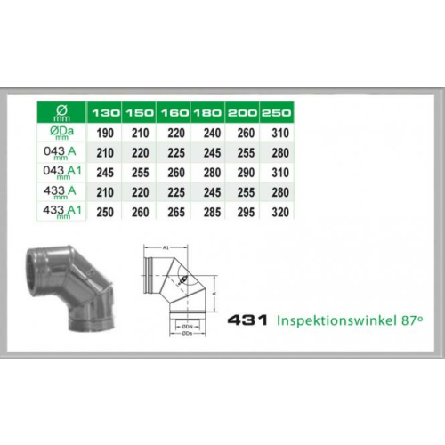 Das Bild zeigt eine Tabelle mit verschiedenen Maßen und einem Produktabbild sowie einer technischen Zeichnung des Produkts 431/DN180 DW InspektionsWinkel 87° von Dinak. Der Zweck des Bildes ist es, die verfügbaren Größen und Dimensionen des Inspektionswinkels zu veranschaulichen, damit potenzielle Käufer oder Nutzer die passende Größe für ihre Bedürfnisse auswählen können. Der Inspektionswinkel wird in einem Winkel von 87 Grad dargestellt, um zu zeigen, wie er in einem Rohrsystem verwendet werden könnte.