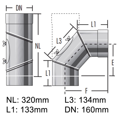Das Bild zeigt eine technische Zeichnung des Produkts Raab Alkon Edelstahl Rohr DN160mm Bogen mit Tür 0-90° verstellbar 3-teilig einwandig. 0,6mm 2. Wahl evtl. Lagerspuren. Abgebildet ist der Bogen sowohl von der Seite als auch von der Vorderansicht, mit Beschriftungen, die verschiedene Maße und Winkel darstellen, etwa DN (Durchmesser Nominal), NL (nutzbare Länge), L1 und L3. Diese Illustration dient dazu, die Abmessungen und Konstruktionsdetails des Bogens zu vermitteln, damit potenzielle Käufer oder Nutzer die Maßhaltigkeit und Kompatibilität mit anderen Installationselementen überprüfen können.