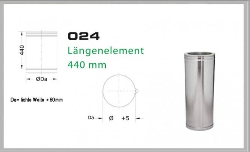 Das Bild zeigt die Produktinformation und technische Zeichnung des 024/DN250 DW Längenelement 500mm/440 mm Dinak. Die Präsentation beinhaltet eine Seitenansicht und schematische Darstellung eines metallischen Rohrelementes mit den Abmessungen 440 mm in der Höhe und mit einem Durchmesser, der um 60 mm größer ist als die lichte Weite. Das Bild dient dazu, die exakten Maße und das Design des Rohrelements für potenzielle Käufer oder Nutzer zu veranschaulichen.