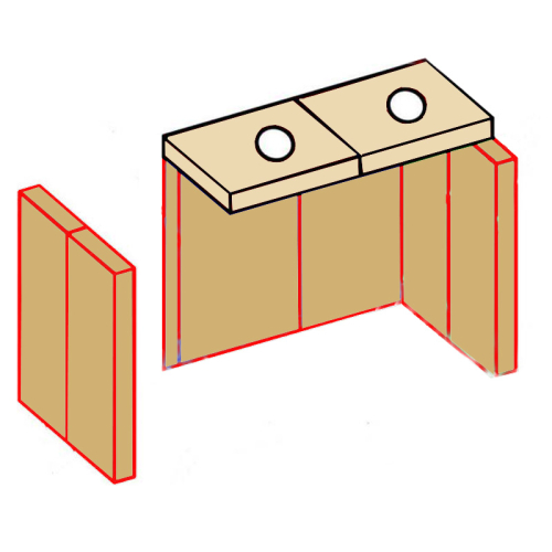 Das Bild zeigt eine schematische Darstellung der Ausmauerung 1 Vermiculite für Kaminöfen, speziell für die Modelle Galant, Bergen, Göteburg, Mainz von Eurotherm. Es handelt sich um ein Set aus Platten, die vermutlich als Ersatzteile zur Auskleidung der Brennkammer in Kaminöfen dienen. Auf dem Bild sind die einzelnen Vermiculite-Platten zu sehen, die zusammengefügt eine rechteckige Form ergeben, mit zwei kleineren Platten oben, die jeweils eine Aussparung haben. Diese Bauteile werden in Kaminöfen eingesetzt, um die Hitze zu reflektieren und den Brennraum zu isolieren, was die Effizienz des Ofens erhöht und eine gleichmäßige Abgabe von Wärme gewährleistet. Die Konturen sind rot hervorgehoben, um die Einzelteile besser zu differenzieren.