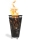 Ein Feuerkorb Flame mit einem Durchmesser von 45 cm, in dem Holzscheite brennen und Flammen aus dem oberen Rand schlagen. Der Korb hat ein modernes Design mit vertikalen Streben und steht auf einem festen Boden. Er dient als Wärmequelle und dekoratives Element für Außenbereiche.