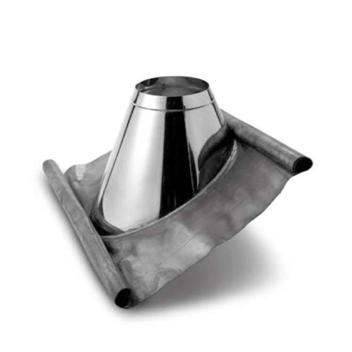 Das Bild zeigt die Schiedel ICS Dachdurchführung mit Bleirand, ein Bauprodukt, das für die Abdichtung und Durchführung eines Schornsteins oder Abgasrohres durch das Dach gedacht ist. Zu sehen ist eine konische Metallrohrdurchführung mit einem angeschlossenen, flexiblen Bleirand, der auf dem Dach angepasst und befestigt wird, um eine sichere und wetterfeste Installation zu gewährleisten.