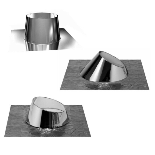 Das Bild zeigt drei Ansichten der Dachdurchführung mit Wetterkragen für Flach- oder Schrägdach 0-45° für alle Durchmesser. Zu sehen sind drei perspektivische Darstellungen des Produkts, die illustrieren, wie es bei Installationen auf verschiedenen Dachneigungen aussieht. Der Wetterkragen dient zum Abdichten von Durchführungen durch das Dach, um zu verhindern, dass Wasser oder Schnee in die Durchführung eindringt. Die unterschiedlichen Winkel geben den Kunden einen Eindruck, wie das Produkt bei differierenden Dachschrägen eingesetzt werden kann.