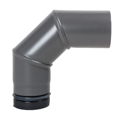 Das Bild zeigt ein Pellet-Ofenrohr-Bogen mit 90 Grad ohne Tür, DN 100mm, in gussgrau emailliert. Der Zweck des Bildes ist es, das Aussehen, die Farbe und die Form des Produkts zu veranschaulichen, um potenziellen Käufern oder Interessenten eine klare Vorstellung vom Produkt zu geben. Es zeigt den Ofenrohr-Bogen isoliert vor einem weißen Hintergrund, sodass die Details und die Beschaffenheit deutlich erkennbar sind.