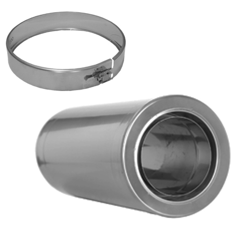Das Bild zeigt das Produkt 144/DN130 DW kürzbares Doppelwandfutter L=480mm Dinak, ein zylindrisches Rohrelement, das für den Einbau in Schornsteinanlagen oder Abgasleitungen verwendet wird. Im linken Teil des Bildes sind technische Zeichnungen zu sehen, die die Dimensionen des Doppelwandfutters mit einer Länge von 440 mm (nicht 480 mm) illustrieren, was auf einen Tippfehler im Beitragstitel hinweist. Auf der rechten Seite ist das tatsächliche Produkt abgebildet: ein metallisches, glänzendes Rohrstück, dessen konstruktive Merkmale auf eine Doppelschichtstruktur hindeuten und das zur Anpassung an unterschiedliche Einbausituationen kürzbar ist.