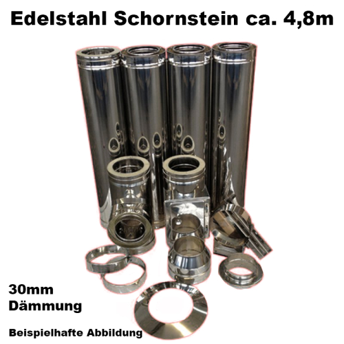 Das Bild zeigt das Schornstein-Set Edelstahl DN 130 mm doppelwandig Länge ca. 4,8m Wandmontage ohne Montage Material DW6. Zu sehen sind mehrere glänzende Edelstahlrohre und Komponenten für die Montage eines doppelwandigen Schornsteins, inklusive Rohre mit Isolierung, Bögen, T-Anschluss, Wandhalterungen und Dämmungshülsen. Der Zweck des Bildes ist es, die Einzelteile des Schornstein-Sets und die Qualität des Materials zu demonstrieren. Es dient als ein Beispiel, um potenziellen Käufern einen Überblick über das Produkt zu geben.