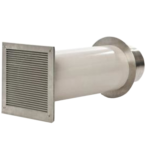 Das Bild zeigt ein Verbrennungsluftsystem mit Einzelklappe, ein Zuluft-Set für Kamine, bestehend aus einem Rohr mit einer integrierten Lüftungsgitterblende auf einer Seite und einer Anschlussflansche auf der anderen. Dieses System wird verwendet, um externe Luft direkt zum Kamin zu leiten, was für eine optimale Verbrennung und Effizienz des Kamins sorgt, indem es sicherstellt, dass genug Sauerstoff zur Verbrennung der Brennstoffe zur Verfügung steht.