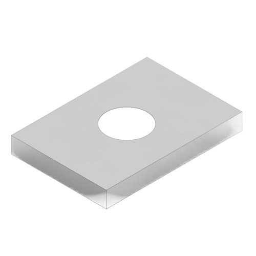 Das Bild zeigt die Jeremias Kaminabdeckung mit rundem Ausschnitt 80mm, eine Schornsteinabdeckung aus Edelstahl für Ziegel- und Betonschornsteine. Es handelt sich um eine rechteckige Platte mit einem runden Loch in der Mitte, die zur Abdeckung und zum Schutz von Schornsteinauslässen dient.