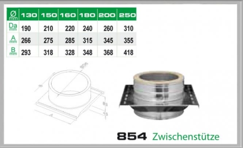 Das Bild zeigt eine Tabelle mit Abmessungen und eine technische Zeichnung neben einer fotografischen Darstellung des Produktes 854/DN160 DW Zwischenstütze Dinak. Die Tabelle listet verschiedene Durchmesser (Da) in mm und entsprechende Maße A und B auf, um die Größenoptionen für die Zwischenstütze aufzuzeigen. Die technische Zeichnung und das Foto dienen der visuellen Veranschaulichung des Produktdesigns und seiner Montage. Das Foto rechts zeigt die Zwischenstütze in realer Ansicht, welches für die Befestigung von Rohrsystemen in einer Installation genutzt wird. Der Produkttitel 854 Zwischenstütze ist ebenfalls im Bild sichtbar, um das Produkt klar zu identifizieren.