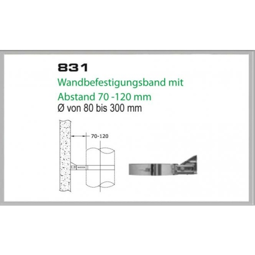 Das Bild zeigt das Produkt 831/DN180 DW Wandbefestigungsband mit Abstand 70-120 mm Dinak, ein technisches Diagramm, das die Maße und Montageart des Wandbefestigungsbands verdeutlicht. Es illustriert, wie das Band zur Befestigung von Rohren an einer Wand verwendet wird, mit einem Abstand von 70 bis 120 mm von der Wand und einer Spannweite für Rohrdurchmesser von 80 bis 300 mm.