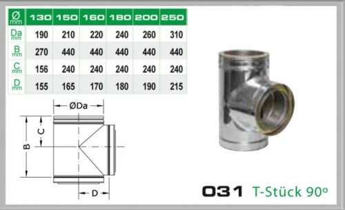 Das Bild zeigt das Produkt 031/DN200 DW6 T-Stück 90° Dinak. Zu sehen sind eine fotorealistische Darstellung des T-Stücks und daneben eine maßstäbliche technische Zeichnung mit verschiedenen Ansichten und entsprechenden Maßen. Tabelle mit Maßen für unterschiedliche Durchmesser des T-Stücks ist ebenfalls abgebildet. Der Zweck des Bildes ist es, eine detaillierte visuelle und technische Beschreibung des T-Stücks zu geben, um es für Interessenten oder Käufer leichter identifizierbar und verständlich zu machen.