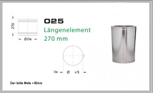 Das Bild zeigt das Produkt Längenelement 270mm für Schornsteinsets 150mm DW. Es beinhaltet technische Zeichnungen und eine fotografische Darstellung des Längenelements, die dazu dienen, die Maße sowie das Aussehen des Produktes zu veranschaulichen. Auf der linken Seite des Bildes befinden sich die technischen Zeichnungen mit Maßangaben, während auf der rechten Seite das Längenelement selbst abgebildet ist. Der Zweck des Bildes ist, dem Betrachter eine klare Vorstellung von den Abmessungen und der physischen Beschaffenheit des Längenelements zu vermitteln.