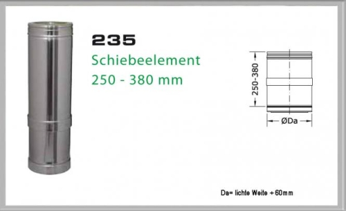 Das Bild zeigt das Produkt 235/DN200 DW6 Schiebeelement 250mm - 380mm Dinak, ein verstellbares Abgasschiebeelement aus Metall für Schornstein- oder Abluftsysteme. Auf der linken Seite befindet sich eine fotografische Darstellung des Schiebeelements und rechts sind technische Zeichnungen mit Maßangaben zu sehen, die die einstellbare Länge des Elements von 250 bis 380 Millimetern veranschaulichen. Das Bild dient dazu, die optischen und maßlichen Eigenschaften des Produktes zu präsentieren.