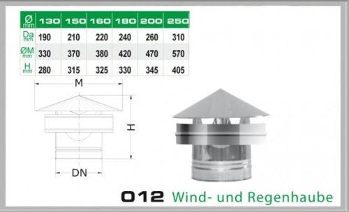 Das Bild zeigt schematische Darstellungen und Spezifikationen des Produktes 12B/DN150 DW6 Wind- und Regenhaube Dinak. Links im Bild ist eine Tabelle mit verschiedenen Größenmaßen (Durchmesser und Höhen) zu sehen. In der Mitte ist eine technische Zeichnung der Wind- und Regenhaube mit Beschriftungen der relevanten Abmessungen dargestellt. Rechts im Bild ist eine fotografische Darstellung der Wind- und Regenhaube zu sehen, die das Design und die tatsächliche Erscheinung des Produkts zeigt. Der Zweck des Bildes ist es, Produktdetails und Abmessungen für potentielle Käufer oder Nutzer zu präsentieren.