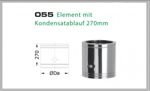 Das Bild zeigt das Produkt 055/DN180 DW Element mit Kondensatablauf 330/270 mm Dinak. Auf der linken Seite der Grafik sind technische Zeichnungen mit Maßen zu sehen, die das Element in einer Seitenansicht und im Querschnitt abbilden. Auf der rechten Seite ist eine Fotografie des Produkts, ein glänzendes Metallrohrteil mit Kondensatablauf, dargestellt. Es handelt sich vermutlich um einen Bestandteil eines Schornstein- oder Abgassystems. Die Beschriftung gibt die spezifischen Abmessungen des Elements an (270 mm Höhe), um potenziellen Käufern oder Nutzern wichtige Informationen zu vermitteln.