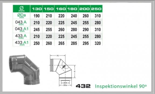 Das gezeigte Bild stellt einen 90° Inspektionswinkel des Produkts 432/DN160 DW6 InspektionsWinkel 90° Dinak dar und zeigt eine Tabelle mit verschiedenen Größen und Maßen für Rohrkomponenten. Im Vordergrund ist ein realistisches Bild des Inspektionswinkels zu sehen, während im Hintergrund eine Tabelle die kompatiblen Durchmessergrößen in Millimetern für verschiedene Modelle angibt. Das Foto dient dazu, die Produkteigenschaften und verfügbaren Größen dieses spezifischen Abgasrohrzubehörteils zu vermitteln.