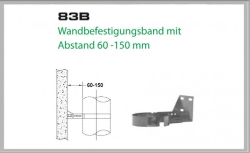 Das Bild zeigt den 83B Wandbefestigungsband mit Abstand 60-150 mm von Dinak. Es stellt eine technische Zeichnung des Produkts dar, das für die Montage an einer Wand genutzt wird, um Rohre oder Kanäle mit einem Abstand von 60 bis 150 mm zur Wand zu befestigen. Die Abbildung zeigt einerseits eine schematische Darstellung des Bands an einem Wandabschnitt mit eingezeichneten Maßen zur Verdeutlichung des einstellbaren Abstands und andererseits eine perspektivische Ansicht des Bands selbst. Das Bild dient dazu, dem Betrachter einen Überblick über die Funktion und das Design des Wandbefestigungsbandes zu geben.