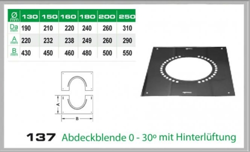 Das Bild zeigt eine Abdeckblende des Produkts 137/DN160 DW6 Abdeckblende 0-30 mit Hinterlüftung Dinak. Das Bild enthält eine technische Zeichnung mit Maßangaben zur Verdeutlichung der Größe und Form der Abdeckblende sowie ein Foto der Abdeckblende selbst. Die Abdeckblende hat eine quadratische Form mit einer zentralen Öffnung, umgeben von Lüftungslöchern zur Hinterlüftung. Auf dem Bild sind auch diverse Maße in Millimetern (mm) angegeben, um die Größe der verschiedenen Durchmesser (Da), Außendurchmesser (A) und Breiten (B) für verschiedene Größen der Abdeckblenden zu veranschaulichen. Ziel des Bildes ist es, dem Betrachter technische Details und das physische Erscheinungsbild des Produkts zu vermitteln.