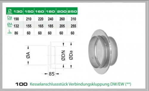 Das Bild zeigt ein 100/DN250 DW Kesselanschlussstück Verbindungskluppung DW/EW von Dinak. Dargestellt ist eine technische Zeichnung sowie eine Fotografie des Produkts. Die Zeichnung beinhaltet Maßangaben in Millimetern, verschiedene Durchmesserwerte sowie Längenangaben, die für die Installation und Kompatibilität des Anschlussstücks erforderlich sind. Auf der rechten Seite ist das eigentliche Kesselanschlussstück zu sehen, ein metallisches Bauteil mit einer Flanschöffnung. Der Zweck des Bildes ist es, die technischen Spezifikationen und das physische Aussehen des Anschlussstücks für potenzielle Käufer oder Installateure zu vermitteln.