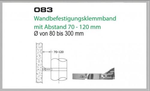 Das Bild zeigt eine technische Zeichnung des Produkts 083/DN200 DW Wandbefestigungsklemmband mit Abstand 70-120 mm von Dinak. Dargestellt sind die Abmessungen und die Anbringungsweise an einer Wand, wobei ein Rohrelement im Profil und im Seitenausschnitt zu sehen ist. Der Durchmesserbereich von 80 bis 300 mm wird angegeben. Das Bild dient dazu, die Anwendung und Montagemöglichkeiten des Wandbefestigungsklemmbands zu veranschaulichen.