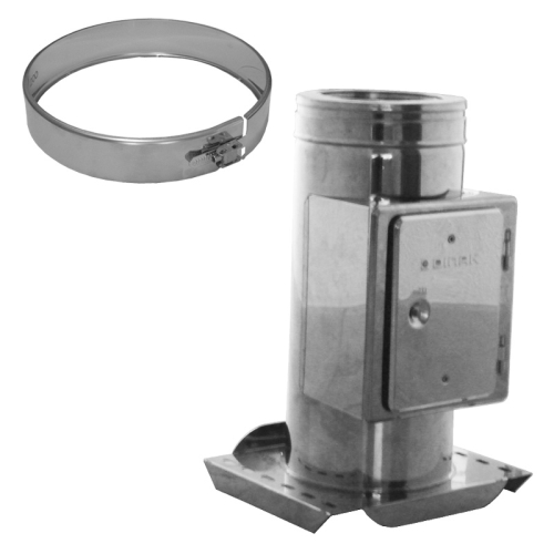 Das Bild zeigt eine 52B/DN160 DW6 Isolierte Verankerungsplatte mit Reinigung Dinak. Es ist ein technisches Produktblatt, das ein Abdichtelement für doppelwandige Rohrsysteme präsentiert. Links im Bild sind die verschiedenen Durchmesseroptionen und zugehörigen Abmessungen in einer Tabelle aufgelistet. Rechts ist das Produkt selbst abgebildet: eine rechteckige Metallplatte mit einem darauf montierten, zylindrischen Rohrteil, das eine Reinigungsöffnung aufweist. Unterhalb des Fotos sind maßstabsgerechte Zeichnungen mit den Abmessungen des Produkts zu sehen. Der Zweck des Bildes ist, technische Informationen über das Produkt, seine Abmessungen und das Design zur Verfügung zu stellen, um Kunden oder Techniker bei der Auswahl oder Installation zu unterstützen.