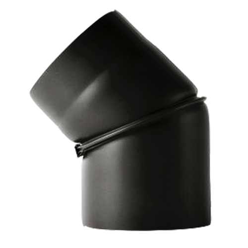 Das Bild zeigt den Bogen 45° ohne Tür verstellbar 0-45° ø120 schwarz #310, ein Ofenrohrbogen aus Metall in Schwarz. Das Produkt wird normalerweise verwendet, um die Richtung eines Ofenrohrs oder eines ähnlichen Abluftsystems flexibel um bis zu 45 Grad zu ändern, ohne dass hierfür eine separate Öffnung für Reinigungszwecke vorgesehen ist. Der schwarze Bogen hat einen Durchmesser von 120 Millimetern und ist justierbar, um den Winkel der Abgasführung entsprechend anzupassen.