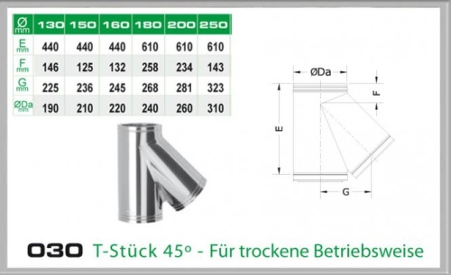 Das Bild zeigt ein metallisches 030/DN180 T-Stück mit einem Winkel von 45 Grad, das für trockene Betriebsweisen konzipiert ist. Neben dem Foto des T-Stücks sind technische Zeichnungen und Abmessungstabellen angegeben, die verschiedene Durchmesser und Maße für unterschiedliche Modelle aufzeigen. Das Ziel des Bildes ist es, dem Betrachter sowohl das tatsächliche Aussehen des Produkts zu präsentieren als auch spezifische Größeninformationen für die Produktauswahl zu liefern.