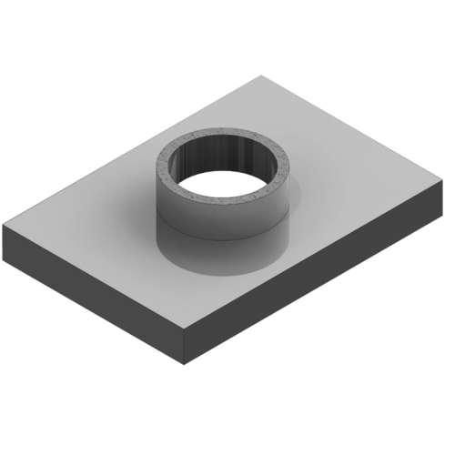 Das Bild zeigt eine Jeremias Kaminabdeckung mit rundem Ausschnitt und Stutzen, doppelwandig für Schornsteinerhöhung, gefertigt aus Edelstahl. Die Abdeckung ist zur Montage auf Ziegel- und Betonschornsteinen vorgesehen. Sie dient dem Schutz des Schornsteins vor Witterungseinflüssen und verbessert zugleich die Abzugsleistung. Die rechteckige Platte mit einem mittig positionierten, runden Ausschnitt, an den ein kurzer Stutzen angebracht ist, bildet die obere Abdeckung für einen Schornstein.