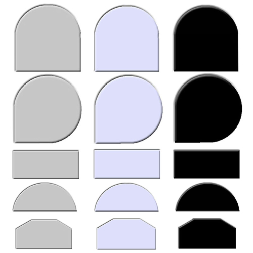 Das Bild zeigt eine Sammlung von Glasmustern für den Produktnamen Glasplatte Farbig verschiedene Formen Funkenschutz. Es sind insgesamt 12 Glasmuster in drei unterschiedlichen Farbtönen abgebildet: Grau, Blau und Schwarz. Die Formen variieren zwischen rechteckig, halbrund, bogenförmig und einem fünfseitigen Design, was darauf hindeutet, dass sie als Funkenschutz in verschiedenen Konfigurationen verwendet werden können. Jede Form ist in jedem der drei Farbtöne vorhanden, um den potenziellen Käufern die Auswahl zu erleichtern.