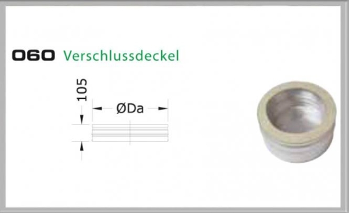 Das Bild zeigt den 060/DN200 DW6 Verschlussdeckel Dinak, ein Produkt, das vermutlich als Endkappe oder Abdeckung für Rohre oder Rohrsysteme verwendet wird. Auf der linken Seite befindet sich eine technische Zeichnung mit Abmessungen, und rechts ist der physische Verschlussdeckel zu sehen. Die Zeichnung verdeutlicht die Maße ØDa 105 mm, was auf den Außendurchmesser des Deckels hindeutet. Der Verschlussdeckel dient dazu, ein Rohrende abzudichten oder zu verschließen.