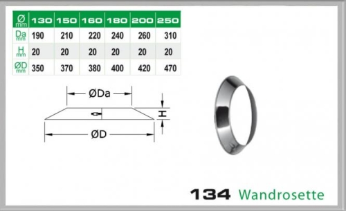 Das Bild zeigt eine Wandrosette für Schornsteinsets mit einem Durchmesser von 200mm, wie durch die Markierung in grün auf der Tabelle dargestellt wird. Neben der Tabelle ist eine technische Zeichnung der Rosette zu sehen, die ihre Abmessungen und Form veranschaulicht. Unterhalb der Zeichnung ist die Produktbezeichnung 134 Wandrosette zu erkennen. Das Bild dient dazu, dem Betrachter einen visuellen Eindruck des Produkts zu vermitteln und saubere Durchführungen von Schornsteinrohren durch Wände zu ermöglichen, indem es den Übergang abdeckt und somit für ein ordentliches Erscheinungsbild sorgt.