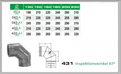 Das Bild zeigt einen 431/DN200 DW6 InspektionsWinkel von 87 Grad von Dinak. Es ist ein dunkles, metallisches Winkelstück abgebildet, neben dem eine technische Zeichnung mit Maßen und Winkeln zu sehen ist. Darüber befindet sich eine Tabelle mit verschiedenen Durchmessern in Millimetern, die scheinbar die verfügbaren Größenoptionen für dieses Produkt darstellen. Der Zweck des Bildes ist es, das Produkt, seine technischen Details und die verfügbaren Größen zu präsentieren.