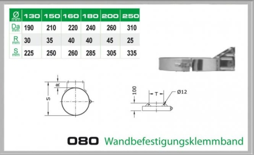 Das Bild zeigt eine technische Zeichnung und ein Foto des Produktes 080/DN180 DW6 Wandbefestigungsklemmband Dinak. Die linke Seite des Bildes präsentiert eine Tabelle mit farblich hervorgehobenen Maßangaben in Millimetern für verschiedene Größen des Klemmbands, sowie zwei schematische Darstellungen mit Maßen, die zeigen, wie das Klemmband an einer Wand montiert wird. Die rechte Seite des Bildes zeigt ein Foto des tatsächlichen Metallklemmbands, das zur Wandmontage von Rohren oder ähnlichen Installationen verwendet wird. Der Zweck des Bildes besteht darin, die Spezifikationen und das Aussehen des Wandbefestigungsklemmbands zu vermitteln.