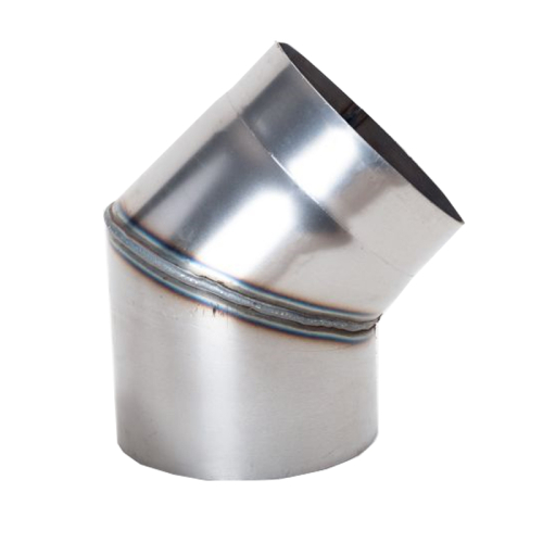 Das Bild zeigt den Ofenrohr Rauchrohr Bogen mit 45 Grad Winkel und einem Durchmesser von 145mm, der unlackiert ist und eine Materialstärke von 2mm aufweist. Der Bogen dient dazu, das Rauchrohr von einem Ofen oder Kamin in einem Winkel zu verbinden, um Anschlüsse an den Schornstein anzupassen oder Richtungsänderungen des Abgasweges zu ermöglichen. Auf dem Bild ist der Ofenrohrbogen aus Metall mit sichtbaren Schweißnähten zu erkennen, und er reflektiert ein wenig das Licht, was auf die metallische Oberfläche hinweist.