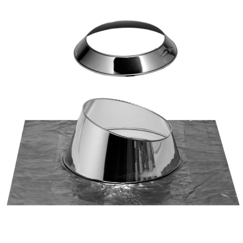 Das Bild zeigt eine 018/DN130 DW Dachabdeckung 5-30° mit Wetterkragen Dinak, ein Bauteil zur Abdeckung auf Dächern, das bei einer Neigung von 5 bis 30 Grad verwendet wird, um einen Wetterkragen zu integrieren. Dargestellt sind eine Fotografie des Produkts, eine Tabelle mit Maßen für verschiedene Durchmesser, sowie technische Zeichnungen, die die Ansicht von oben und eine seitliche Schnittzeichnung zeigen, um die exakte Form und Größe des Produkts zu veranschaulichen.