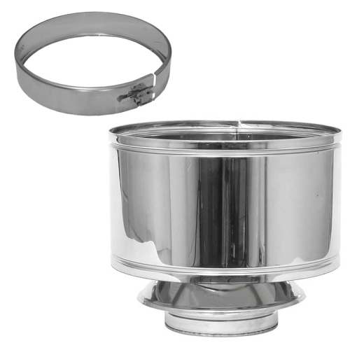 Das Bild zeigt eine technische Zeichnung und ein Foto des Produkts 12B/DN250 DW6 Wind- und Regenhaube Dinak. Links sind Maßangaben in verschiedenen Durchmessern (Dm), Außendurchmessern (Da), sowie Höhen (H) für die jeweiligen Produktvarianten aufgeführt. Rechts im Bild ist eine fotorealistische Darstellung einer metallischen Wind- und Regenhaube zu sehen, die auf Schornsteinen oder Abluftrohren montiert wird, um diese vor Witterungseinflüssen zu schützen. Der Zweck des Bildes ist es, dem Betrachter genaue Abmessungen und das Erscheinungsbild des Produkts zu vermitteln.