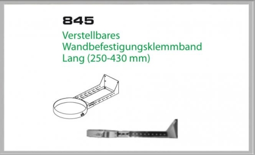 Das Bild zeigt eine technische Zeichnung des Produkts 845/DN180DW6 Verstellbares Wandbefestigungsklemmband lang 250-430 mm Dinak. Zu sehen sind zwei Ansichten des Klemmbands: eine perspektivische Darstellung und eine seitliche Ansicht, die die verstellbare Funktion des Bandes zur Befestigung an einer Wand verdeutlicht. Der Zweck des Bildes ist es, visuelle Informationen über die Konstruktion und den Anpassungsmechanismus des Klemmbandes zu vermitteln, um potenziellen Käufern oder Benutzern eine Vorstellung von den Maßen und der Handhabung des Produkts zu geben.