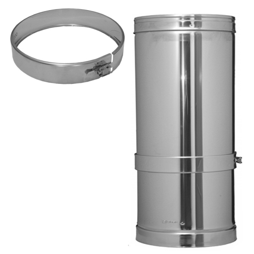 Das Bild zeigt das Produkt 023/DN150 DW6 Schiebeelement 350 mm - 530 mm Dinak. Zu sehen ist eine metallische, zylindrische Komponente, ein Teleskoprohr, welches zur Anpassung der Länge bei Abgas- bzw. Schornsteininstallationen dient. Die linke Seite des Bildes zeigt das physische Produkt und die rechte Seite zeigt eine technische Zeichnung mit Abmessungen, die veranschaulichen, dass dieses Schiebeelement von 350 mm bis 530 mm ausziehbar ist.